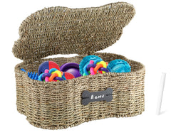 Brabtod Seagrass bone dog toy bin with lid keeps toys organized and dust-free.