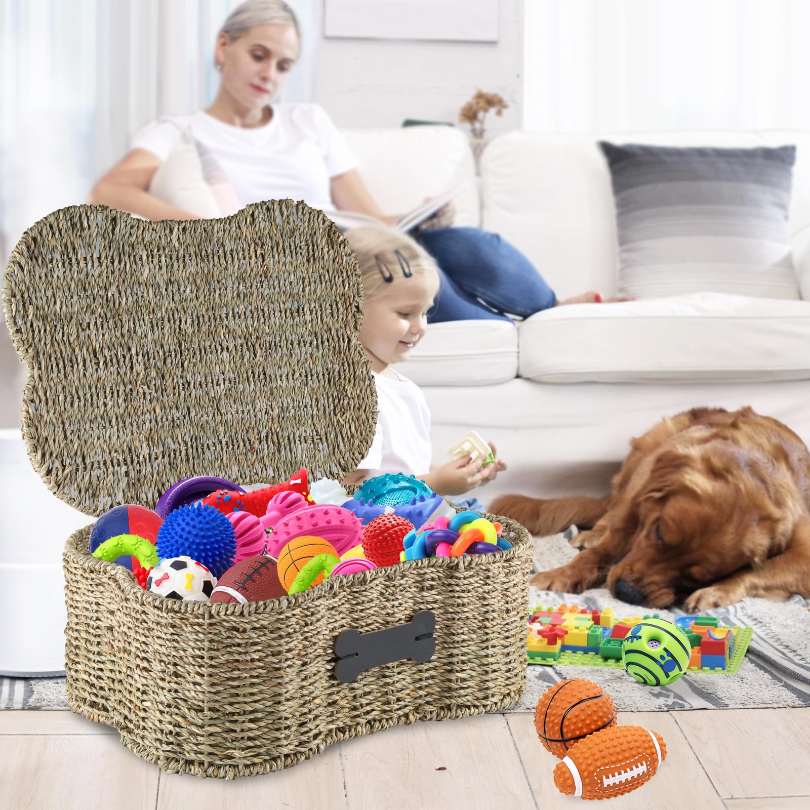 Brabtod Seagrass living room storage blends farmhouse style with organization.