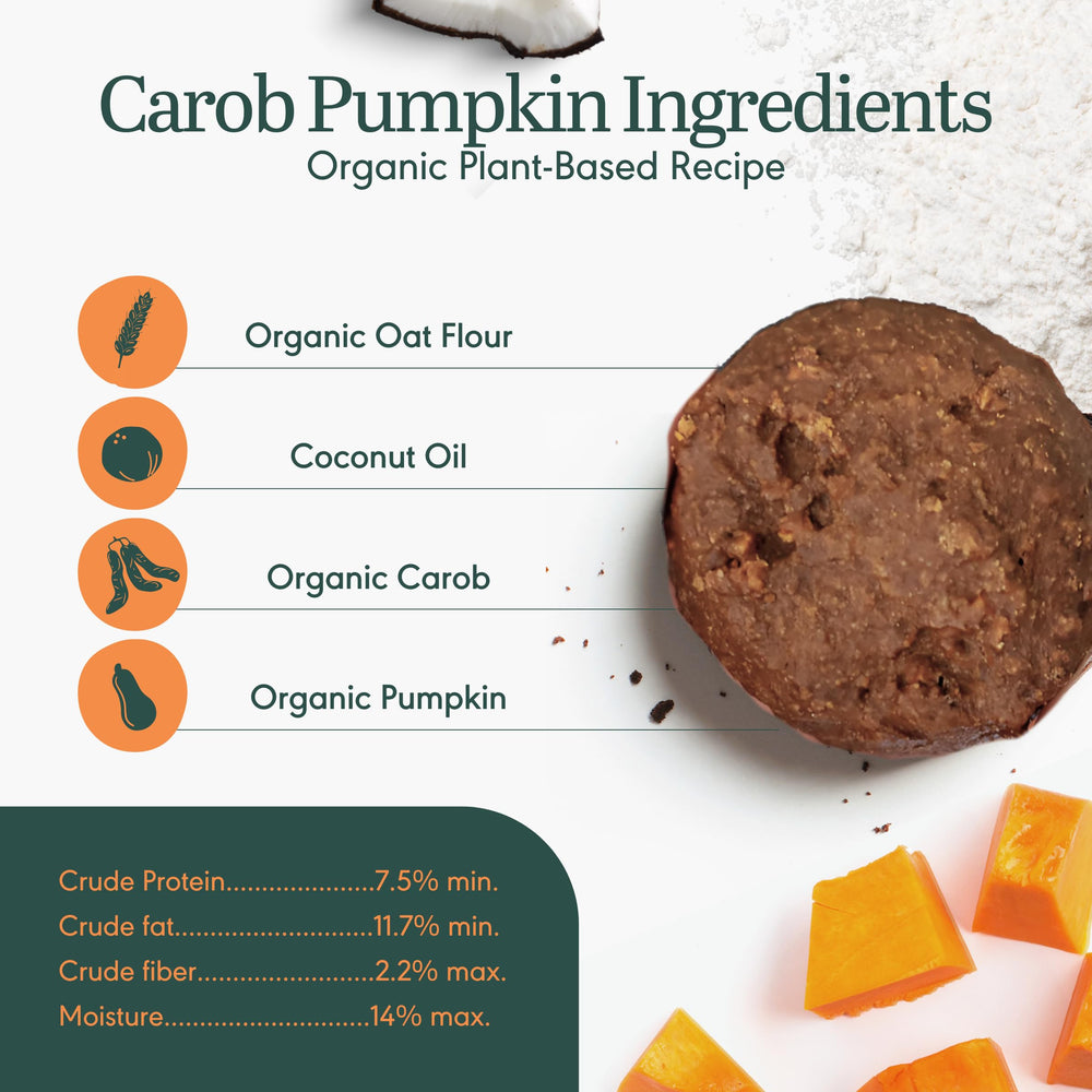 BRAMBLE ingredients label image featuring oat flour, pumpkin, and carob