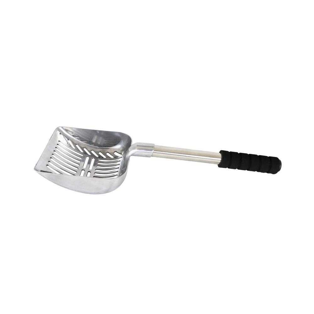Brask Pet aluminum cat litter scoop close-up showing rust-free construction
