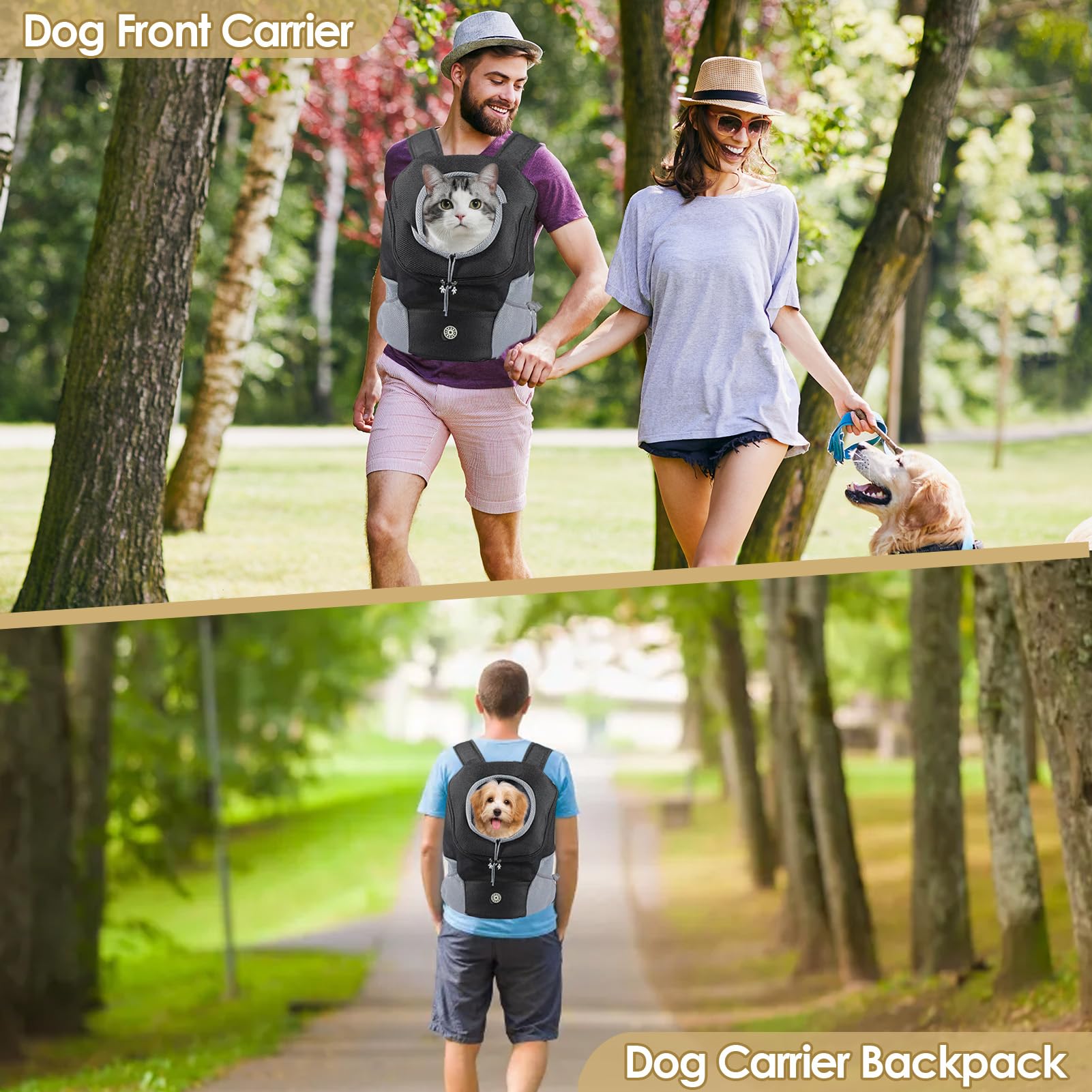 Built-in safety leash attachment on adjustable dog backpack carrier keeps small dogs secure