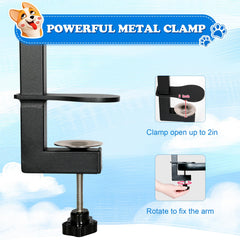 Breeze Touch dog grooming arm clamp illustrates secure attachment to a table