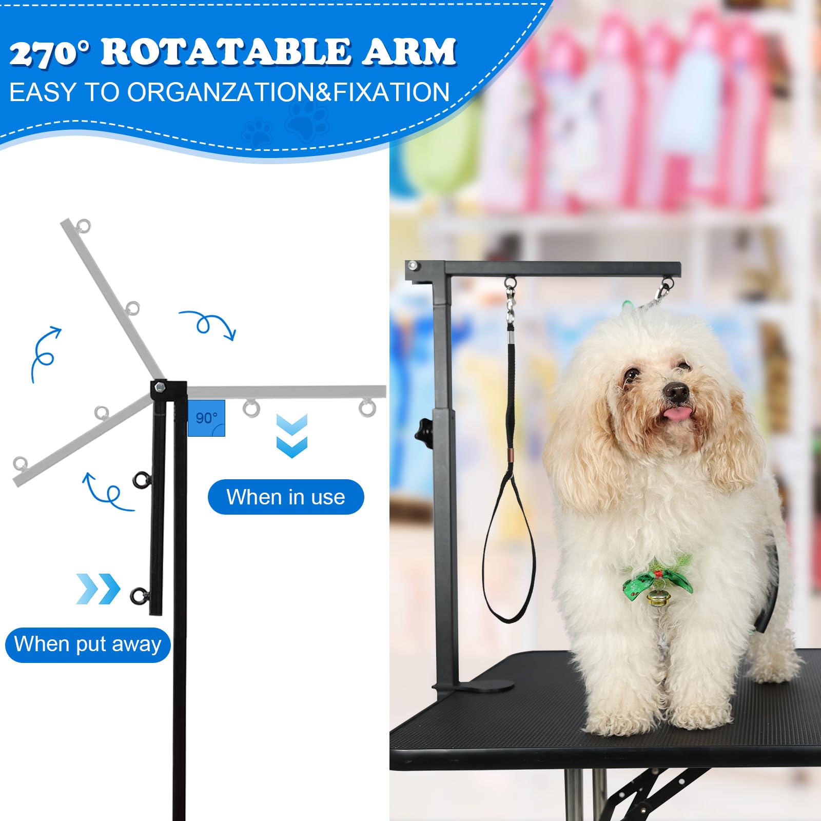 Breeze Touch dog grooming arm folded demonstrates compact storage after grooming