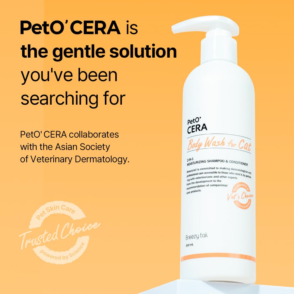 Breezytail PetO’Cera pump bottle detail showcasing convenient application during grooming.