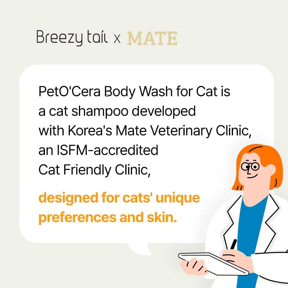 Breezytail PetO’Cera tear-free foam demonstrates safe shampoo for kittens and sensitive cats.