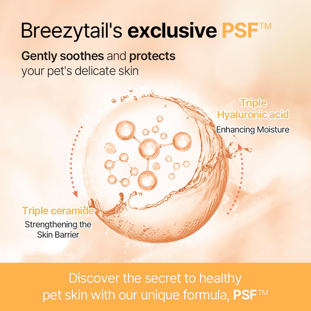Breezytail PetO’Cera vet-approved seal visible on bottle for trusted grooming.