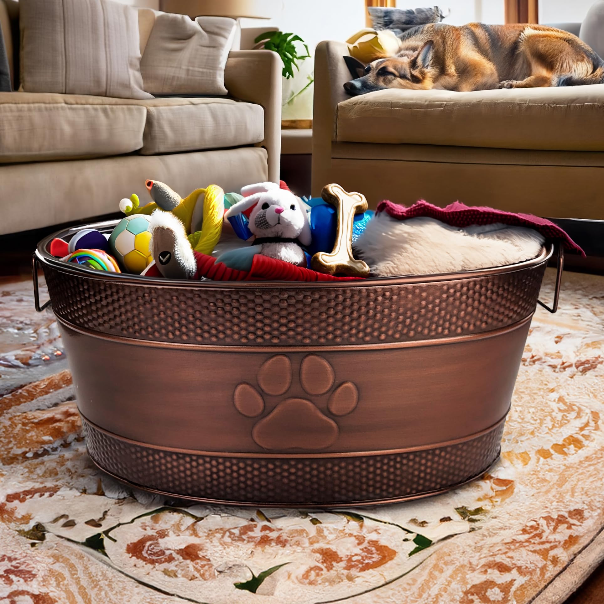 BREKX antique copper dog toy bin with paw print adds rustic charm and function.