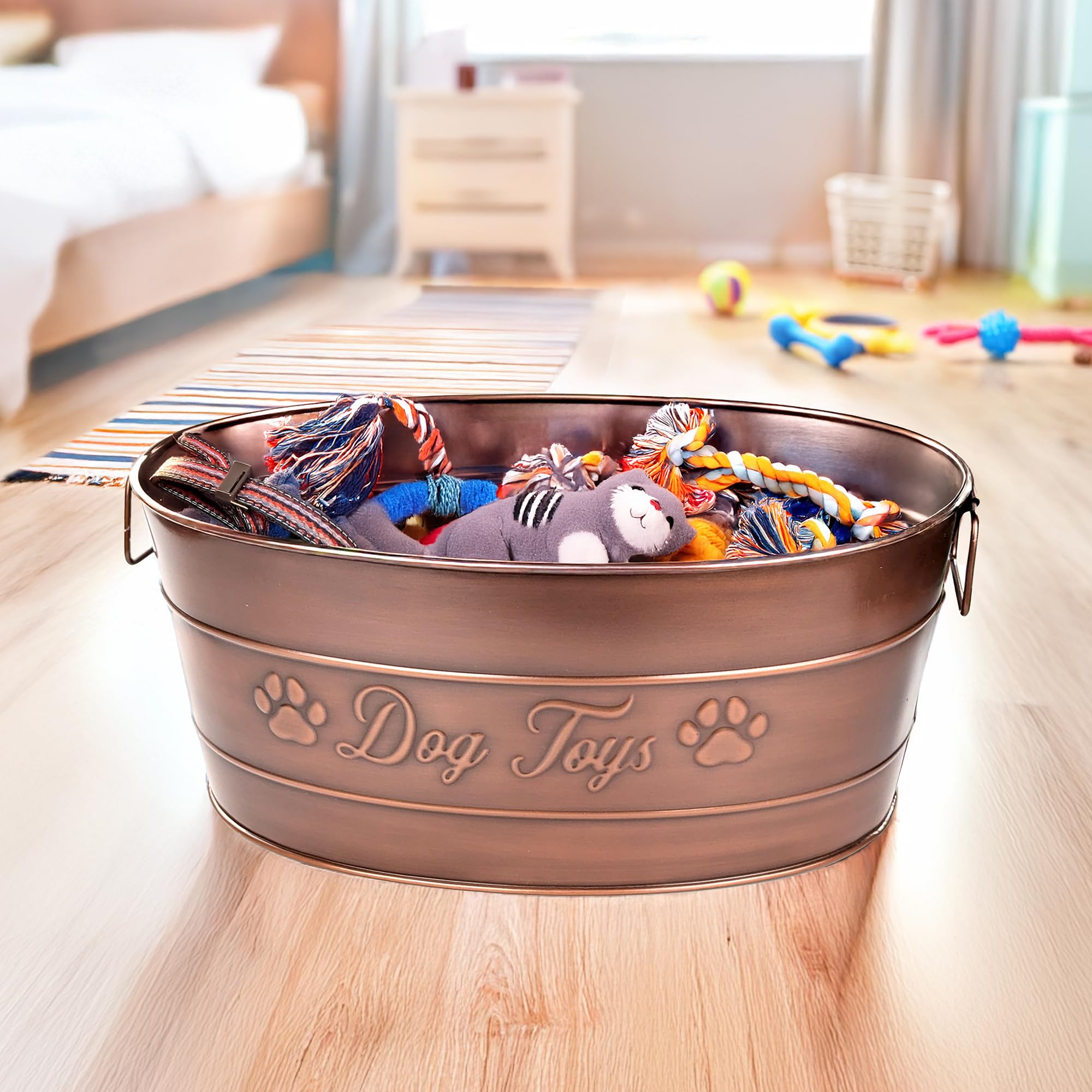 BREKX Dog Toy Bin filled with toys for organized storage