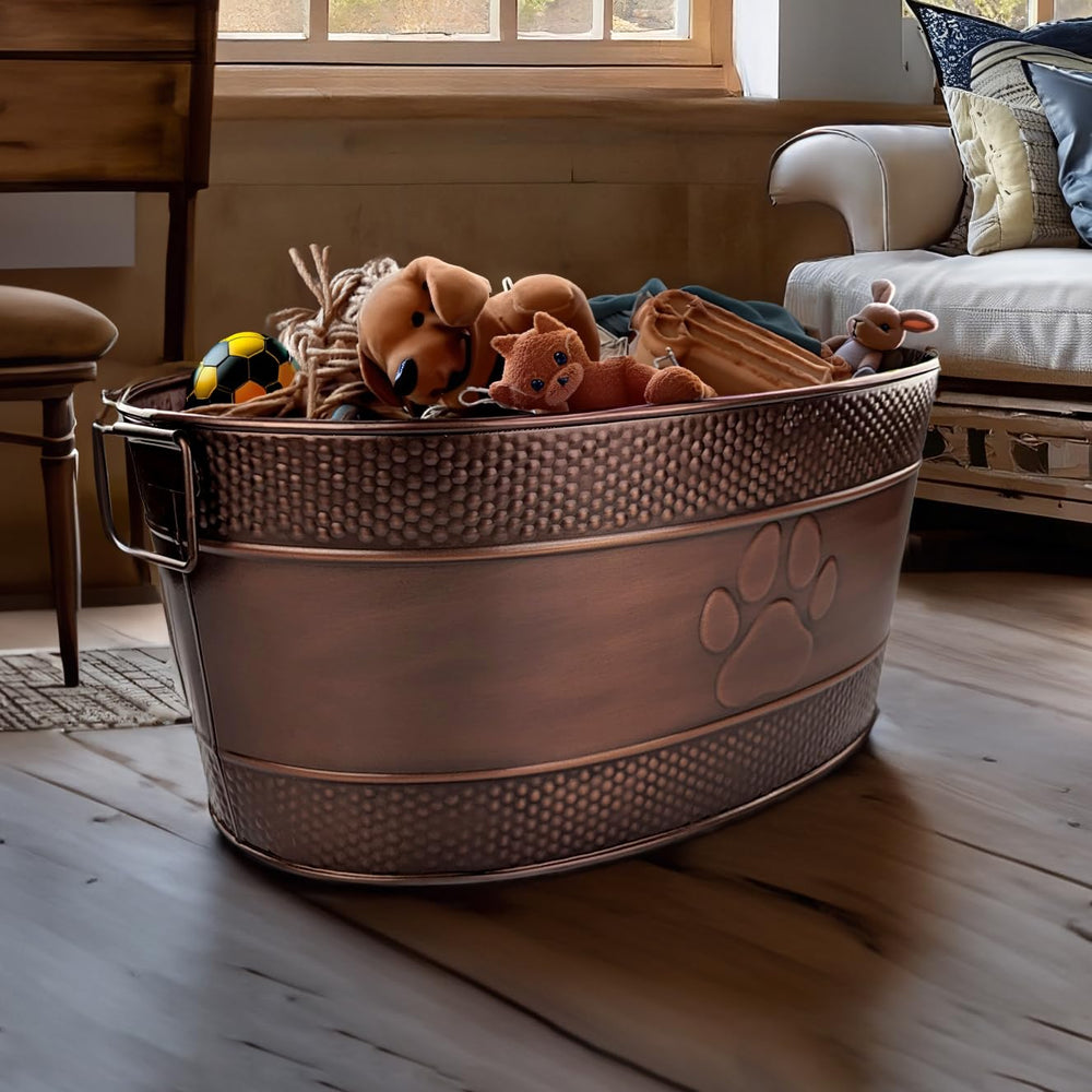 BREKX farmhouse-style bin blends with decor while hiding toys and clutter.