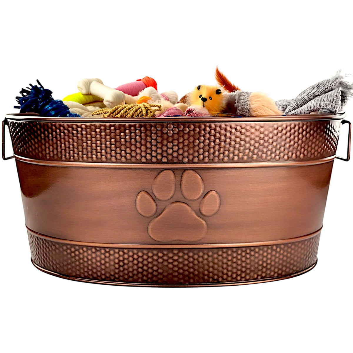 BREKX indestructible dog toy bin with paw print in copper offers durable toy storage for busy pups.