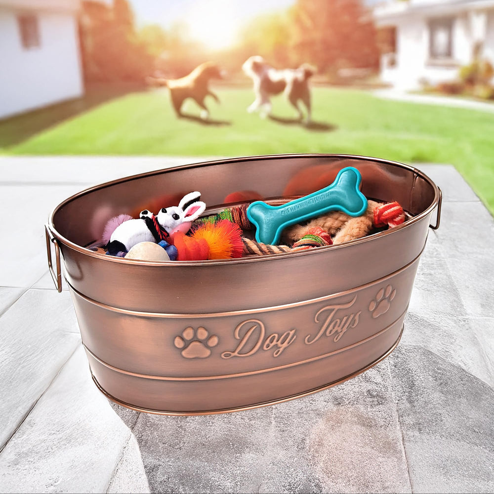 BREKX Indestructible Metal Dog Toy Bin in antique copper color