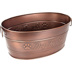 BREKX Indestructible Metal Dog Toy Bin front view with embossed DOG TOYS design for durable storage