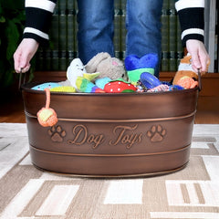 BREKX Indestructible Metal Dog Toy Bin top view showing antique copper color