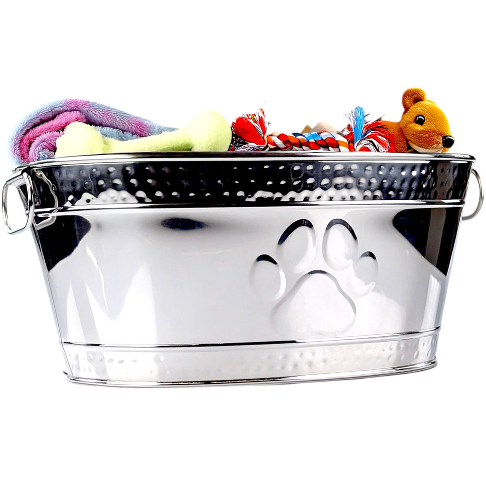 BREKX metal indestructible dog toy bin with hammered steel oval design for heavy chewers.