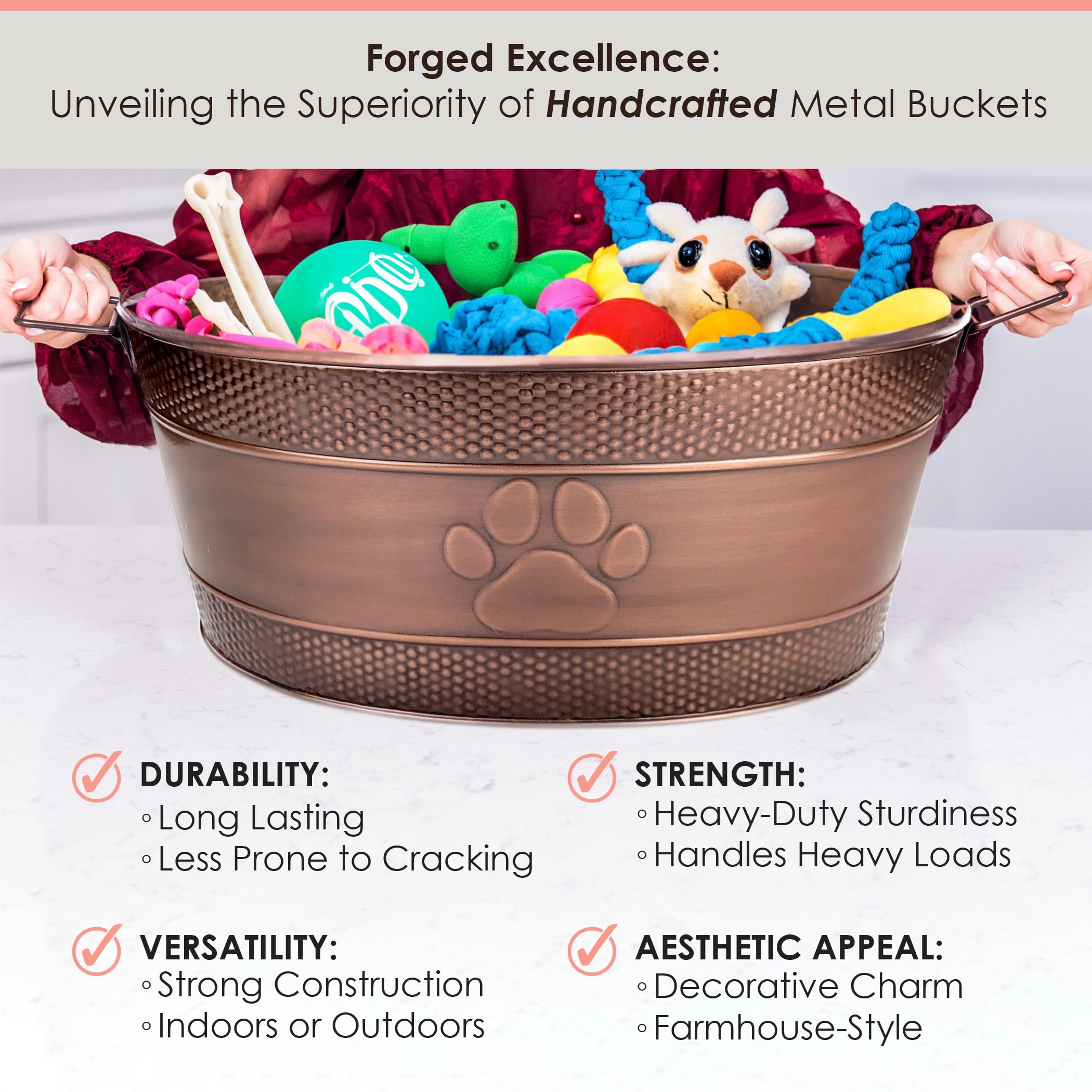 BREKX paw-embossed steel bin resists rust for long-lasting pet storage.