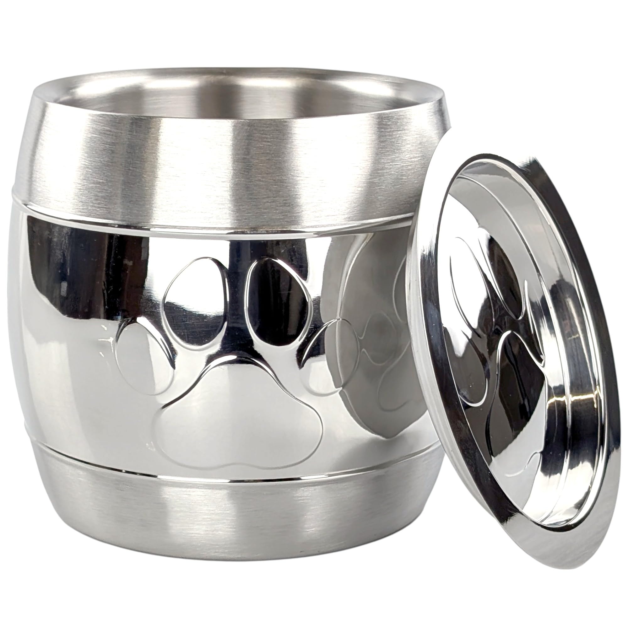 BREKX premium steel dog treat container with paw-print front design keeps treats fresh.