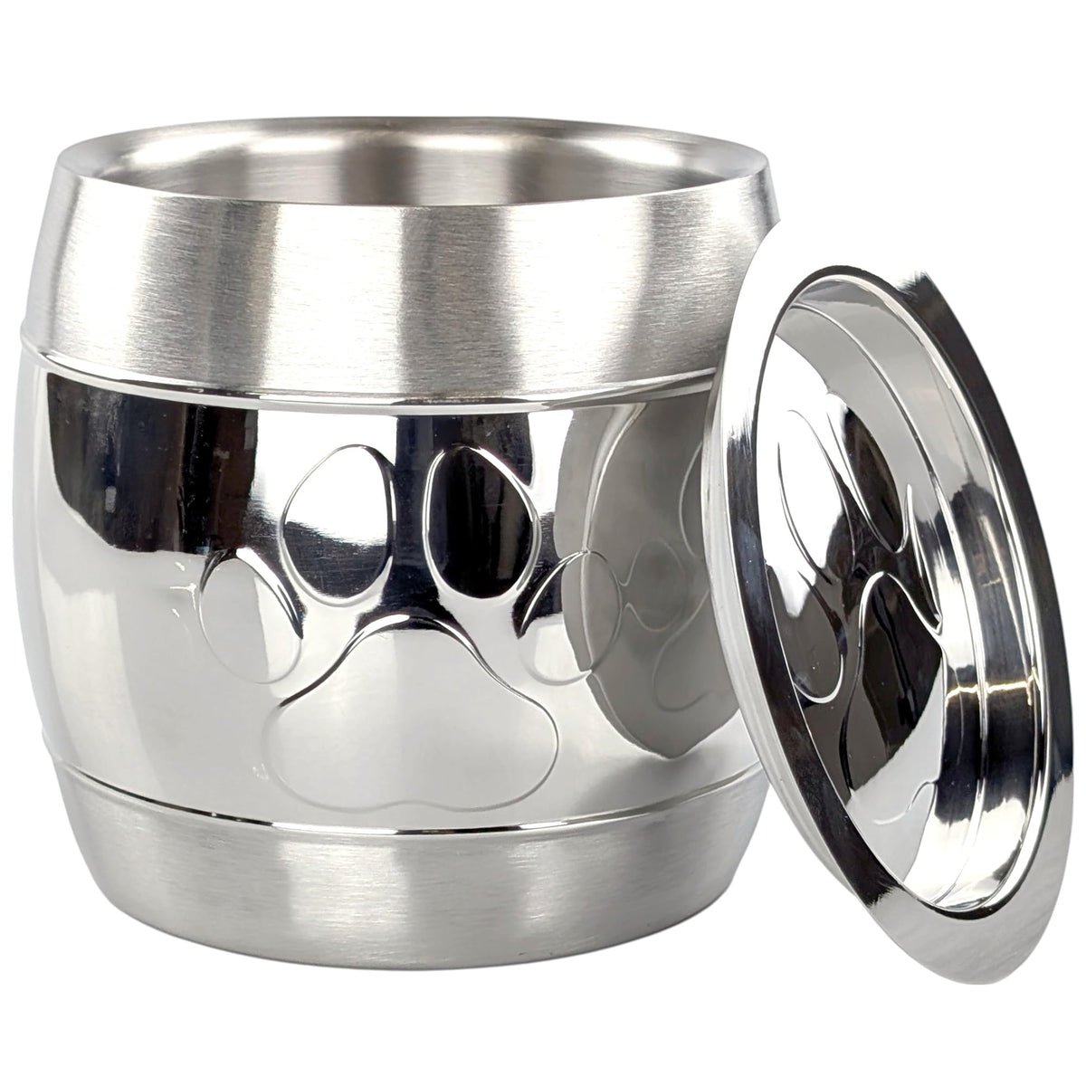 BREKX premium steel dog treat container with paw-print front design keeps treats fresh.
