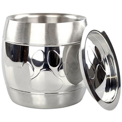 BREKX premium steel dog treat container with paw-print front design keeps treats fresh.