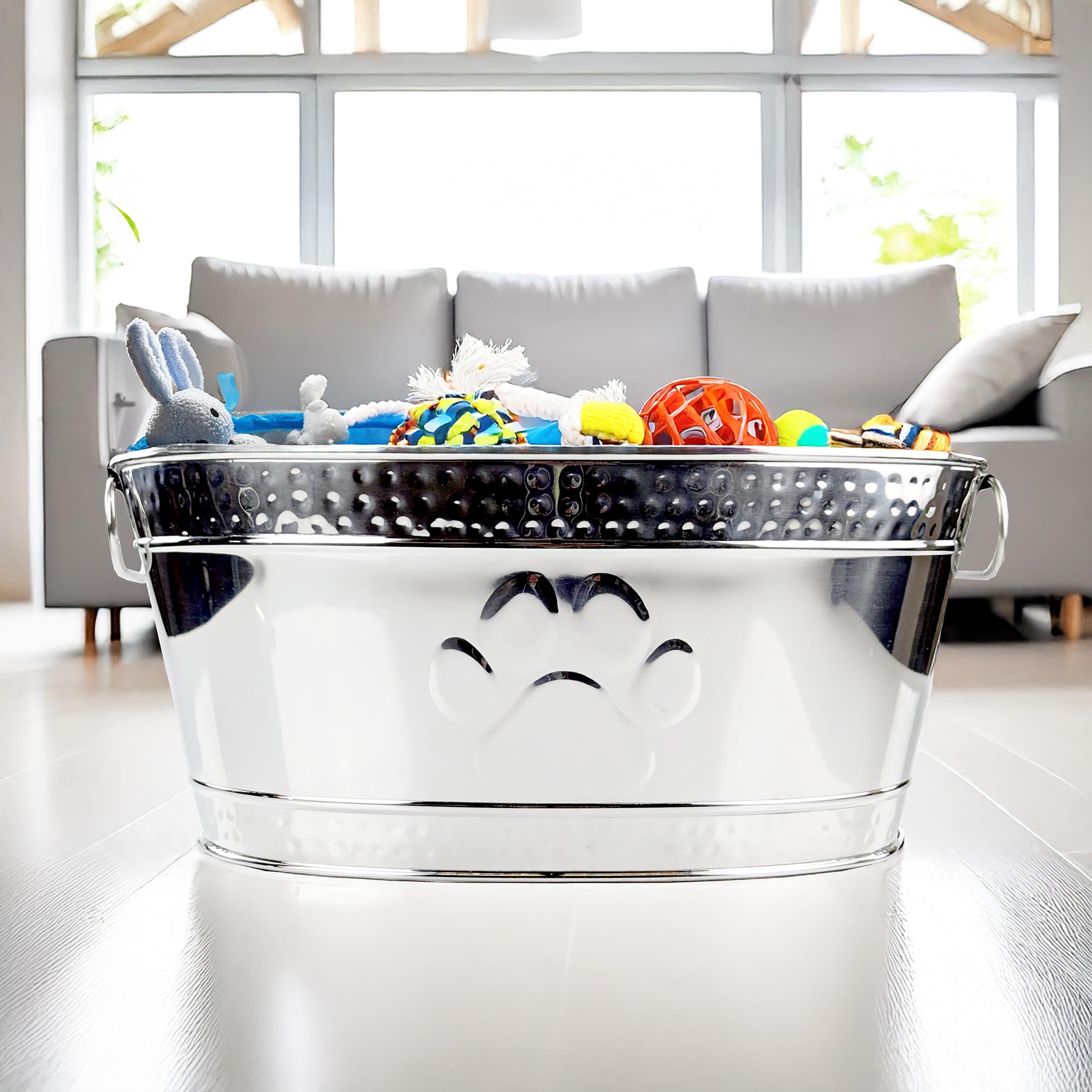 BREKX silver pawprint-design bin adds decor-friendly storage.
