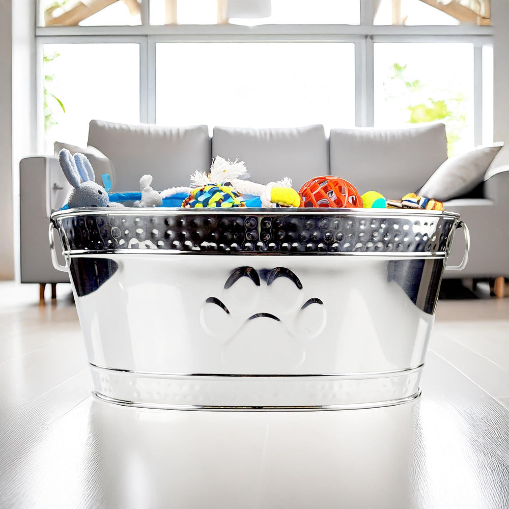 BREKX silver pawprint-design bin adds decor-friendly storage.