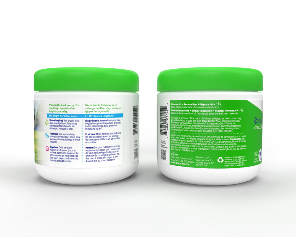 Bright Air near pets product sits beside pet bed for odor control