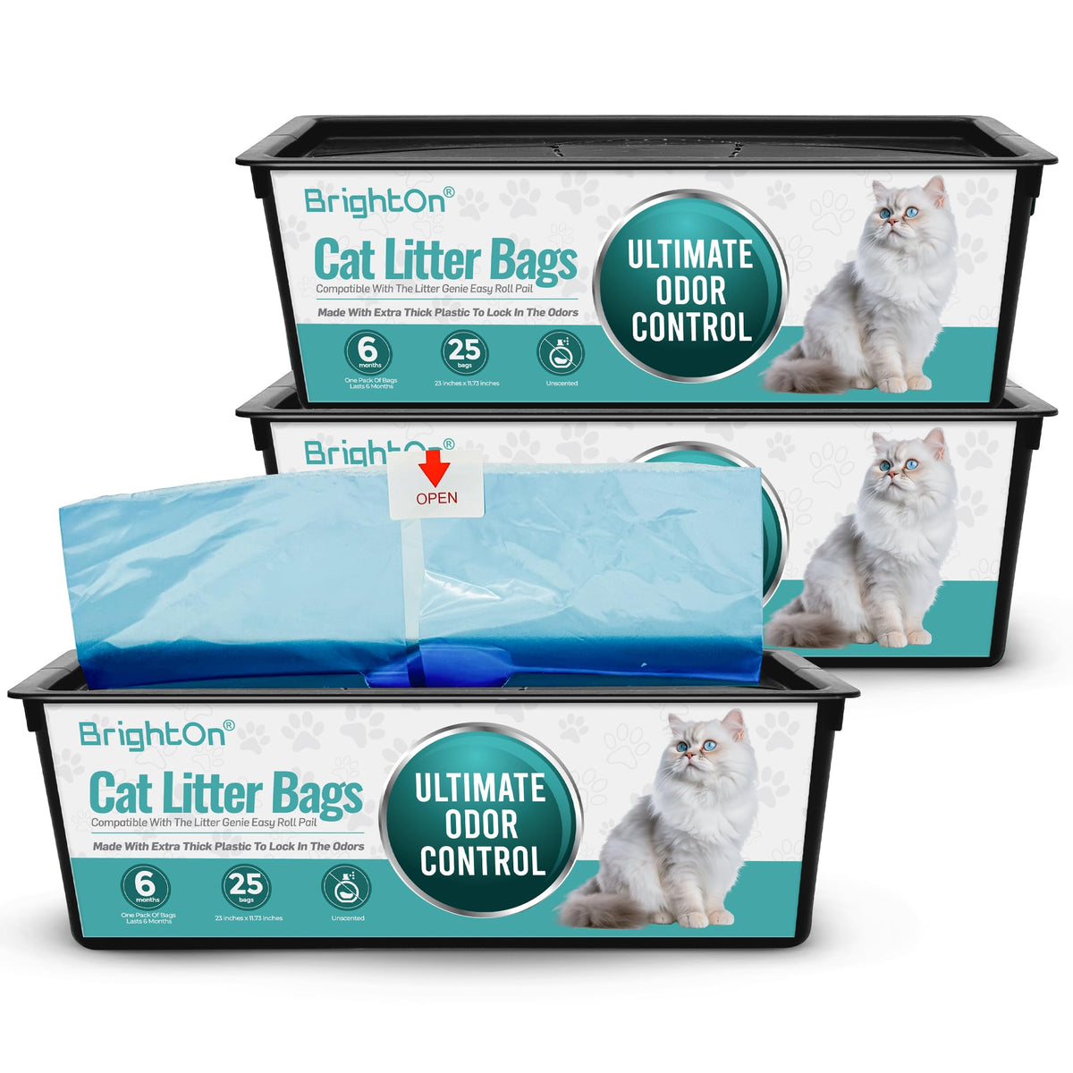 BrightOn litter bag refill roll fits Genie Easy Roll Pail for clean odor control.