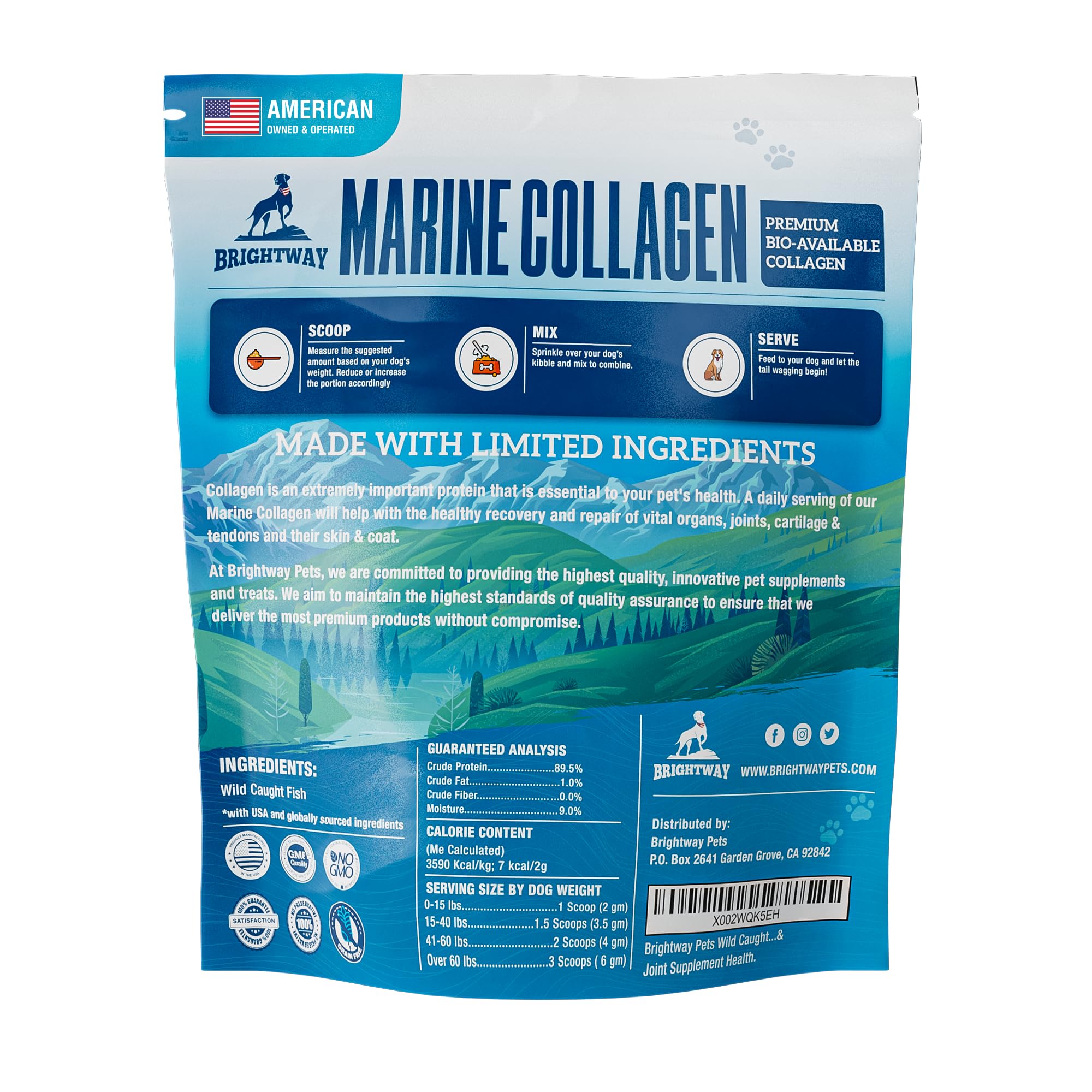 Brightway Pets collagen powder scoop demonstrates easy daily dosing for joint and gut health.
