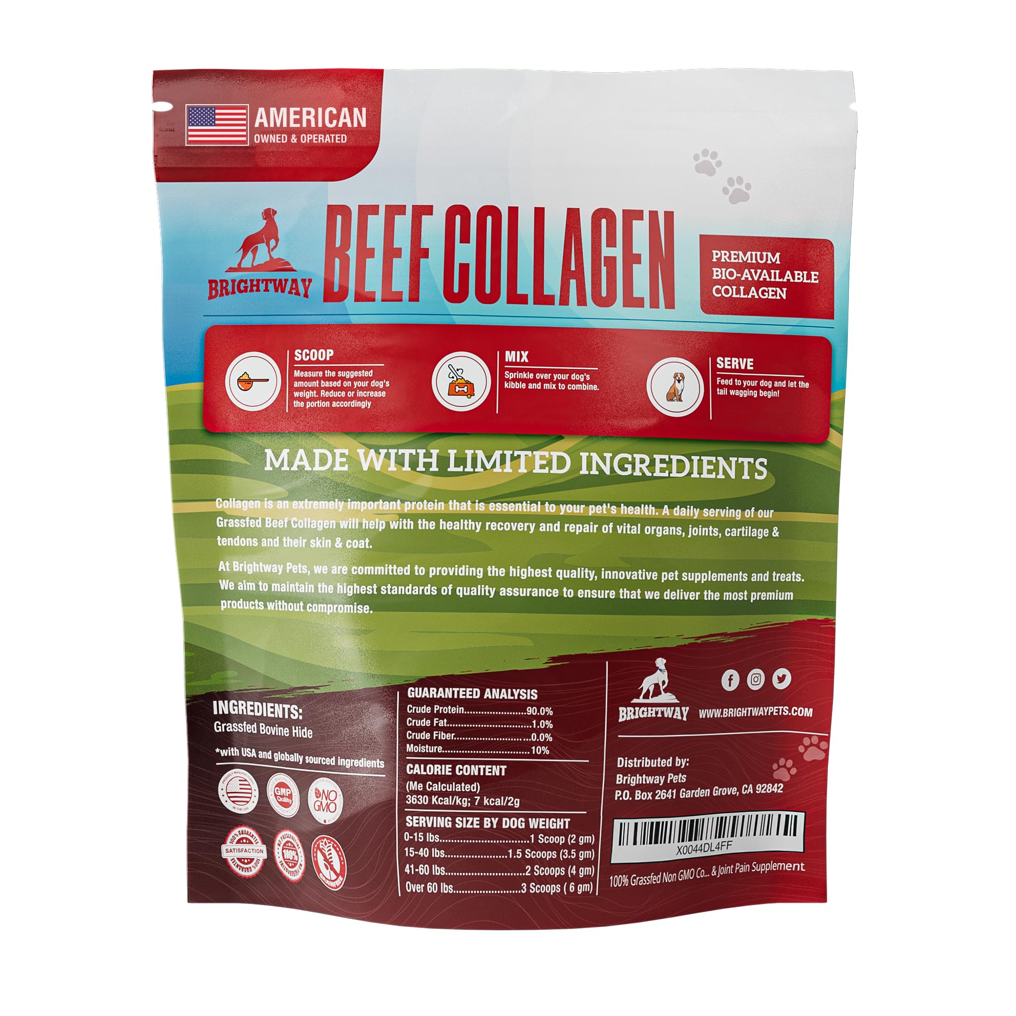 Brightway Pets Grass-Fed Collagen for Dogs bag overview shows all natural ingredients and servings