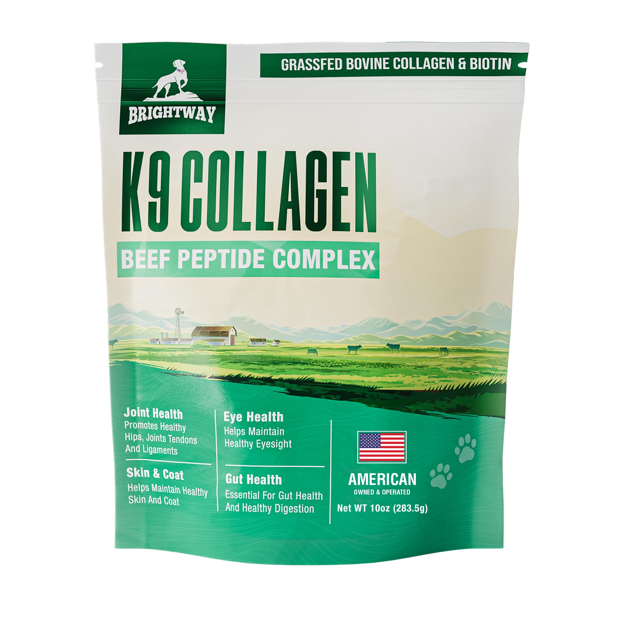Brightway Pets K9 Collagen Peptide Complex bottle close-up highlighting joint support potential.