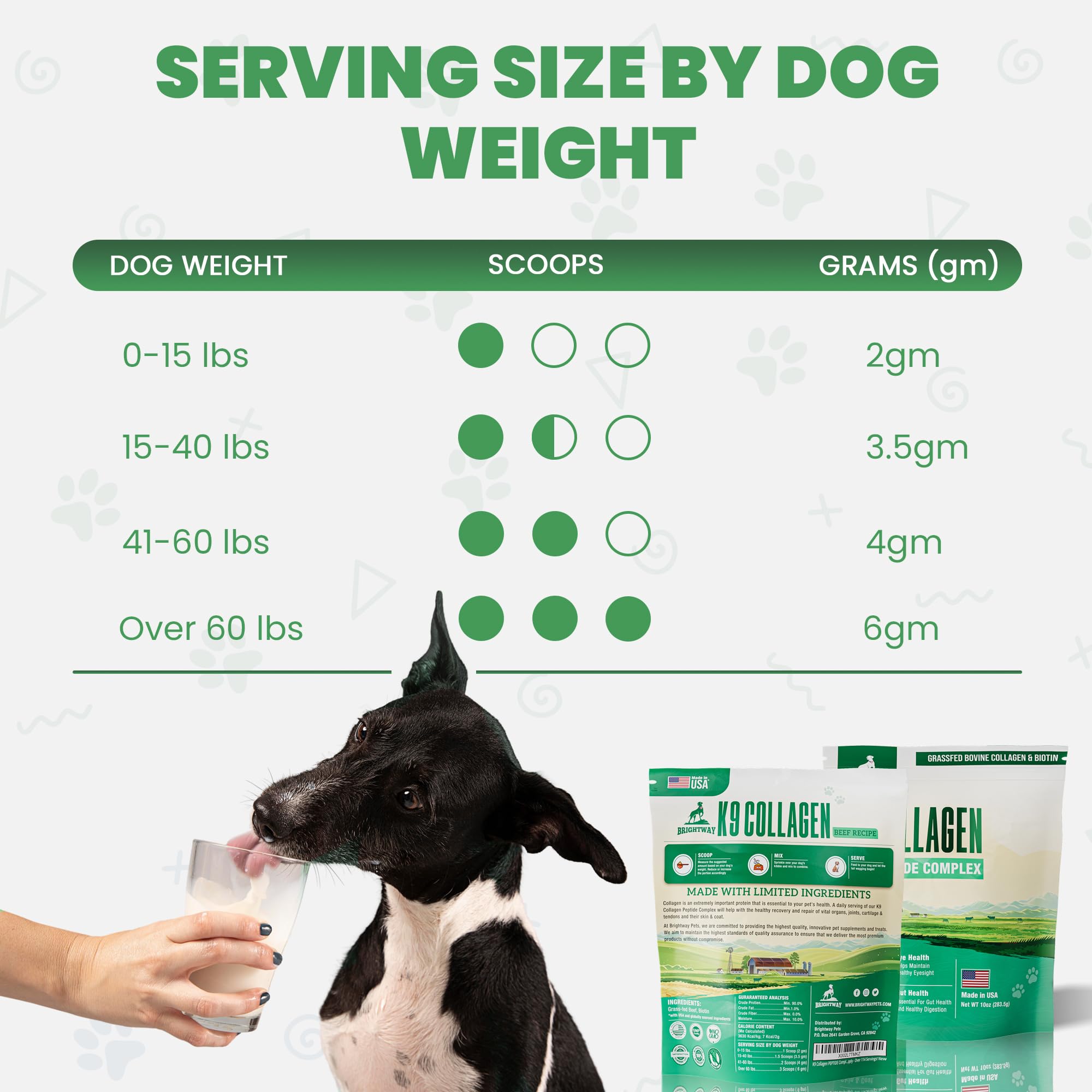 Brightway Pets K9 Collagen Peptide Complex dog-use setup illustrates everyday supplement routine.