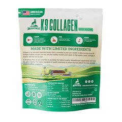 Brightway Pets K9 Collagen Peptide Complex jar side view suggests premium dog joint support.