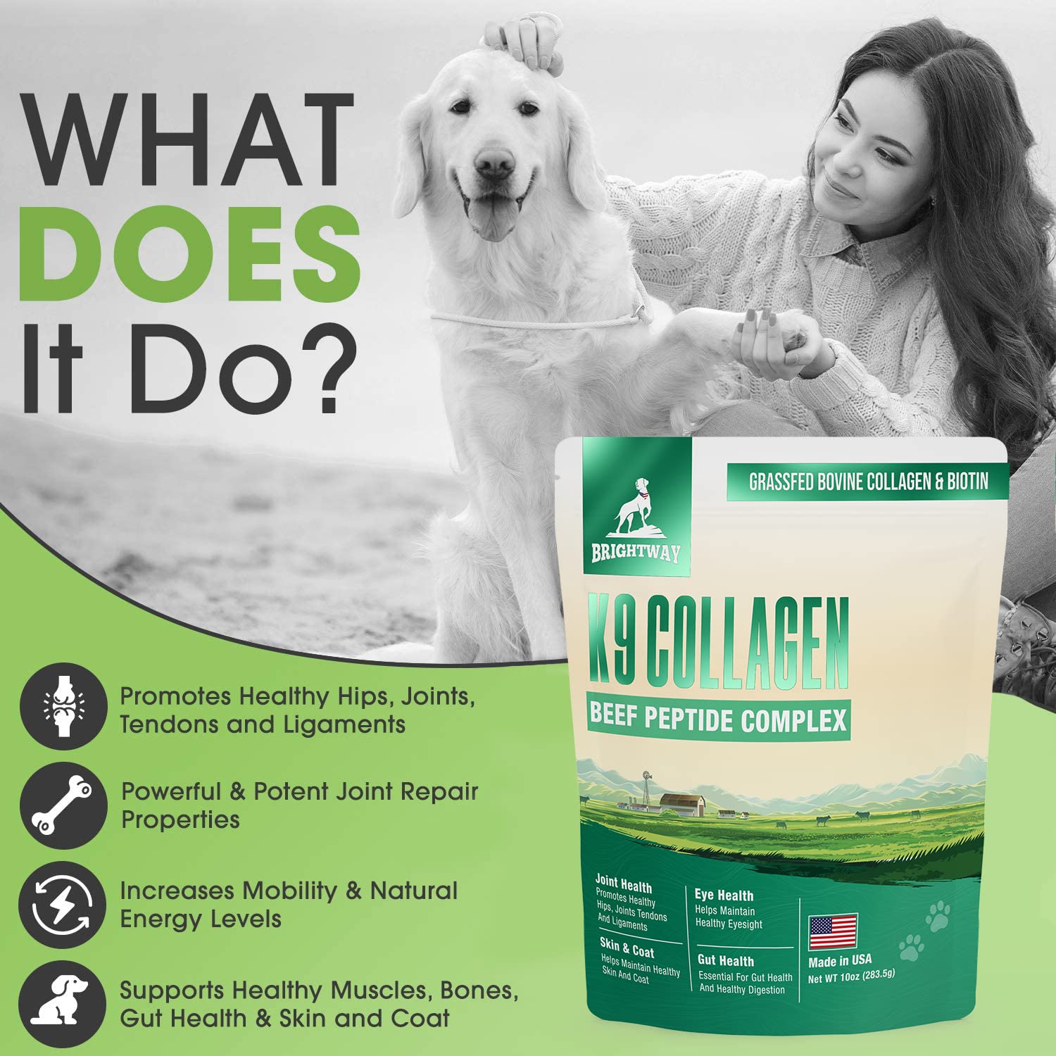 Brightway Pets K9 Collagen Peptide Complex label-ingredients shows grass-fed collagen quality.
