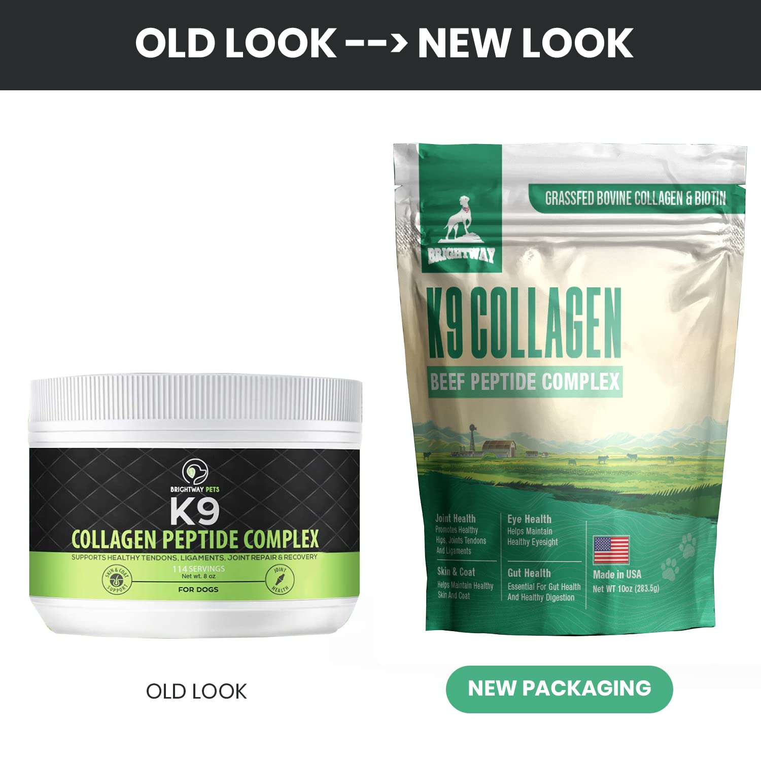 Brightway Pets K9 Collagen Peptide Complex NSF CGMP seal communicates quality standards.