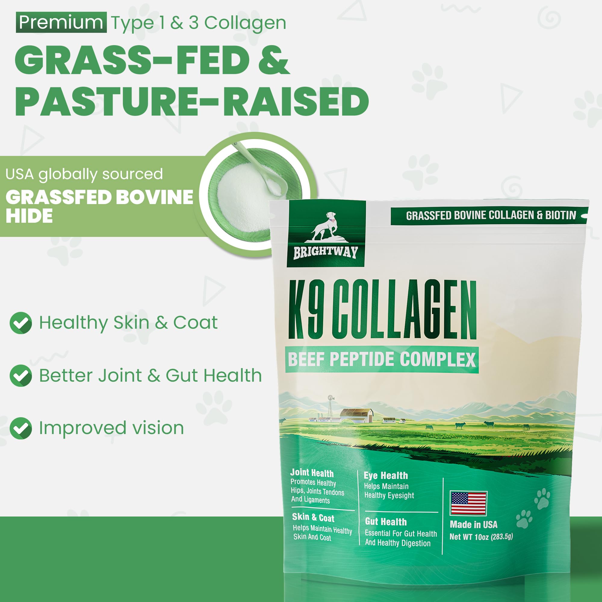 Brightway Pets K9 Collagen Peptide Complex packaging view reinforces value and bulk supply.