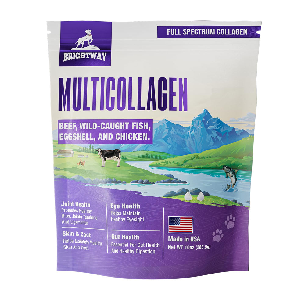Brightway Pets multi-collagen dog liquid bottle with potential joint mobility support.