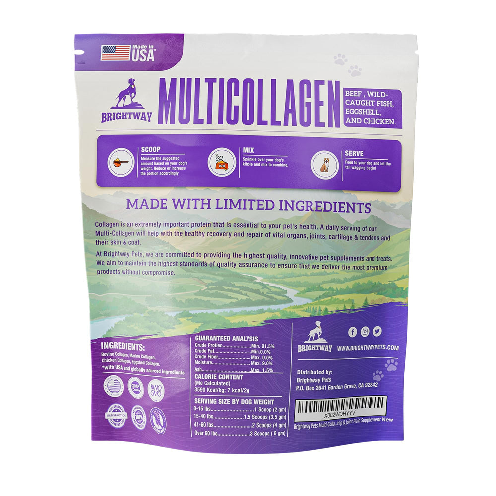 Brightway Pets multi-collagen bottle being poured for daily use in dogs.