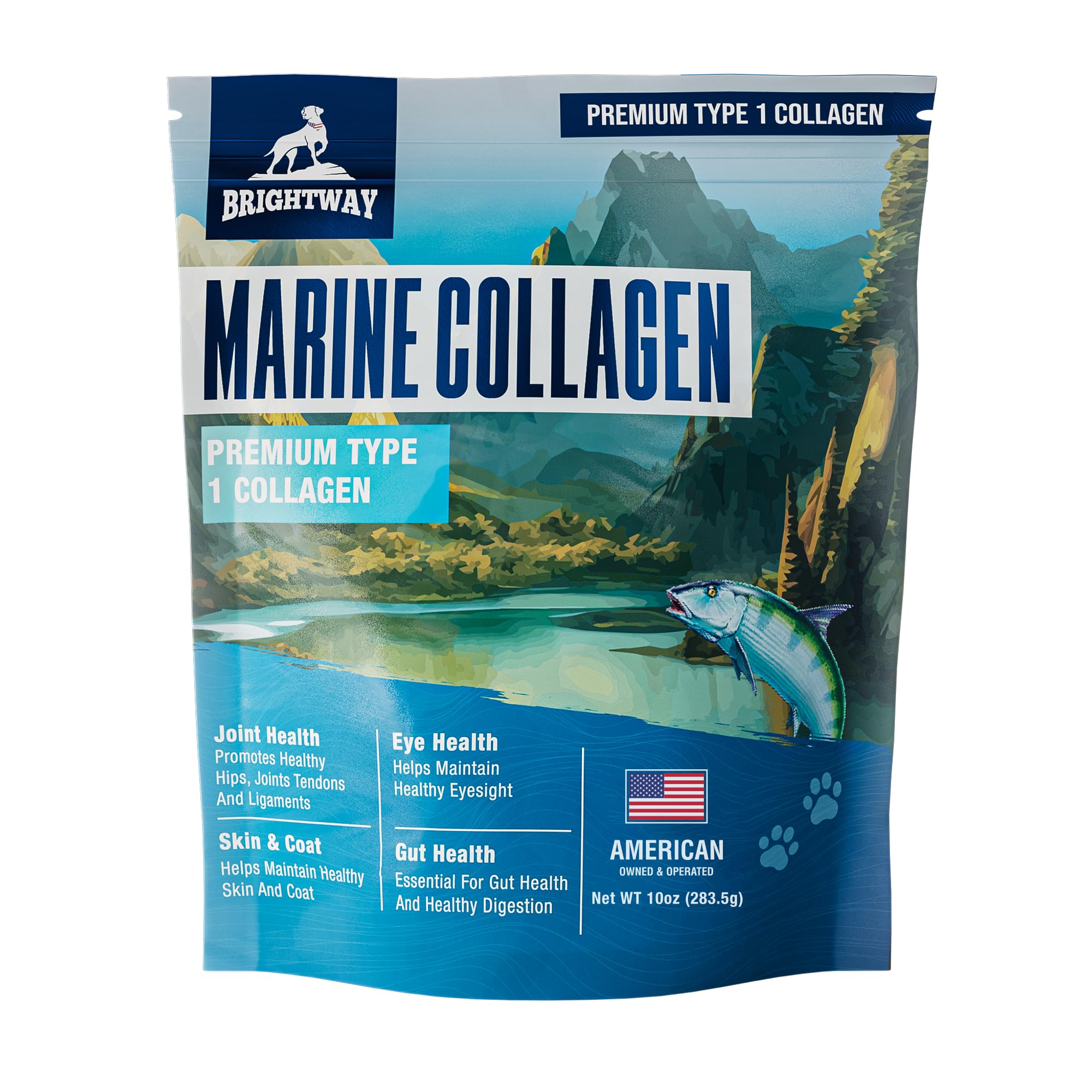 Brightway Pets Wild Caught Marine Collagen bottle highlights skin and coat support.