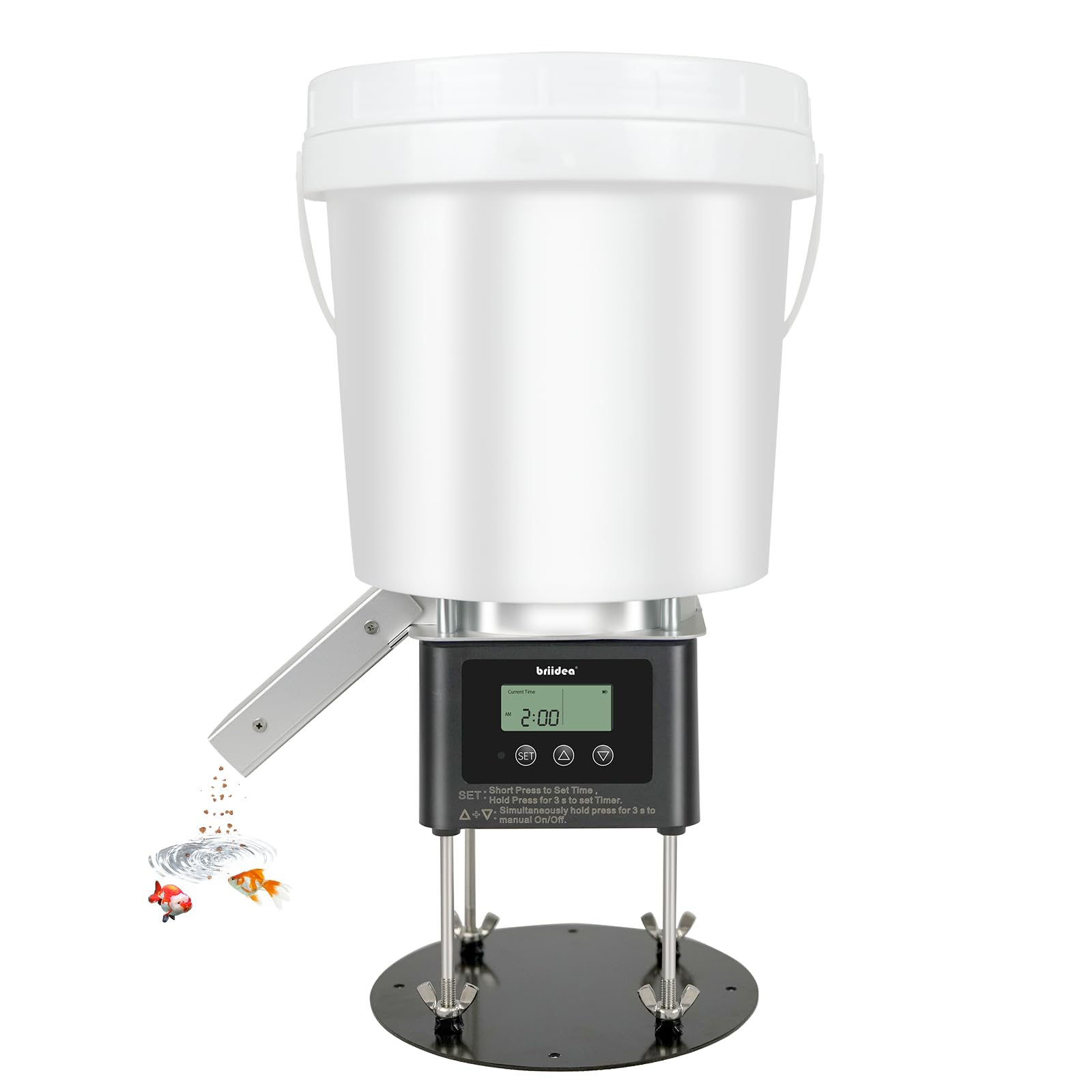 Briidea automatic fish feeder with 4L capacity for precise pond feeding on schedule.