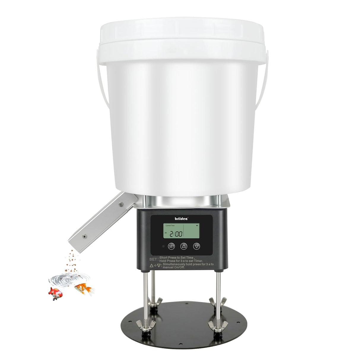 Briidea automatic fish feeder with 4L capacity for precise pond feeding on schedule.