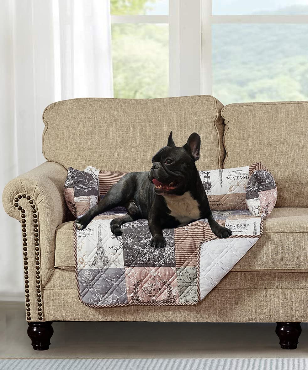 Brilliant Sunshine quilted dog bed mat with latte grey patchwork offers cozy naps and couch protection.