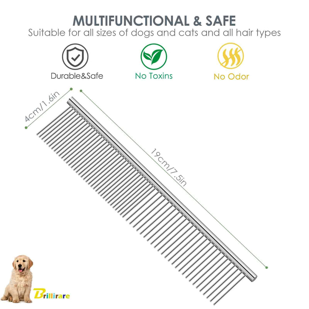 BRILLIRARE cat comb rounded teeth close-up promoting safe grooming near eyes and sensitive areas.