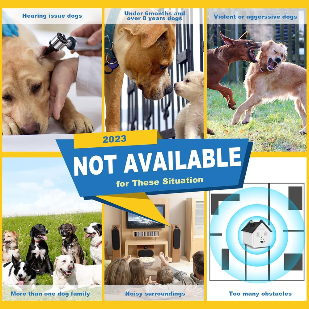 BrilStar Dog bark deterrent ultrasonic range up to 50 feet depicted in outdoor setup.