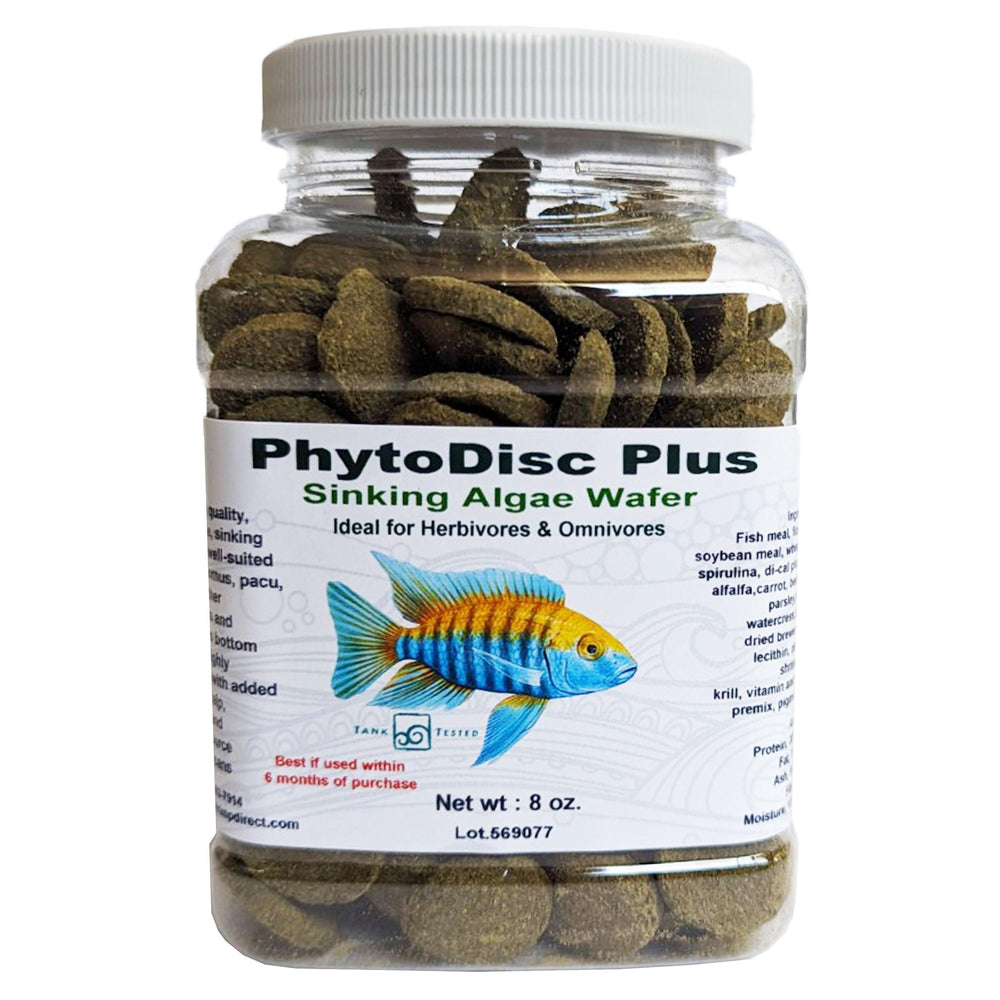 Brine Shrimp Direct PhytoDisc Plus wafers close-up highlighting spirulina and kelp ingredients for digestibility