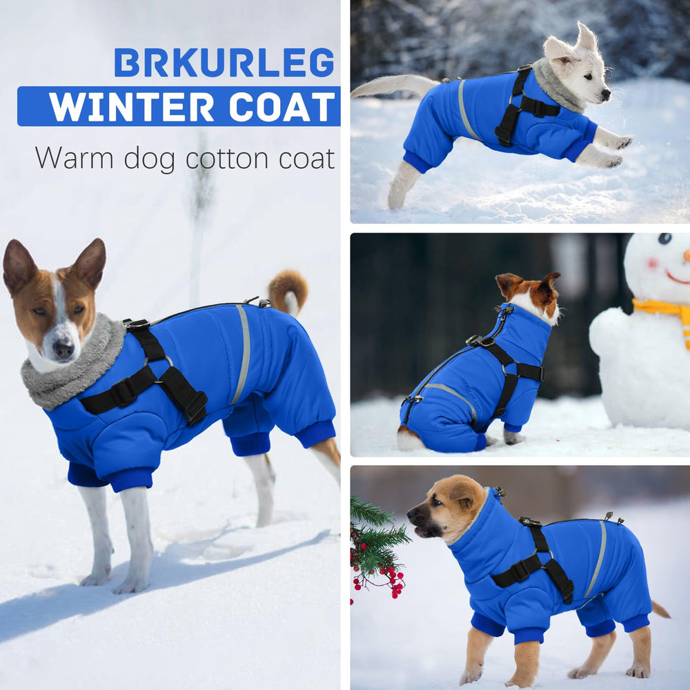 BRKURLEG Blue Dog Winter Coat reflective trim aids safe nighttime visibility.