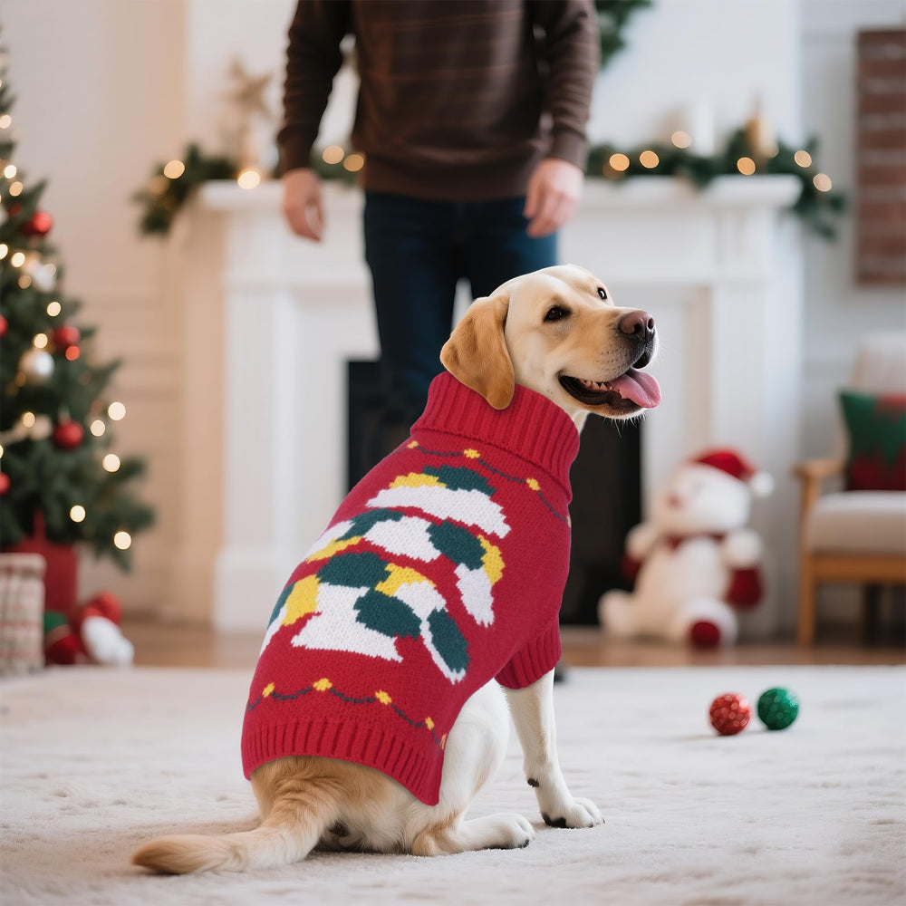 BRKURLEG Christmas dog sweater laid flat size chart image helps with accurate fitting