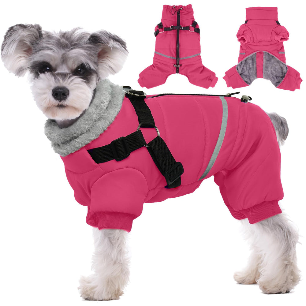 BRKURLEG dog winter coat with built-in harness, pink, front view for quick, secure outdoor walks.