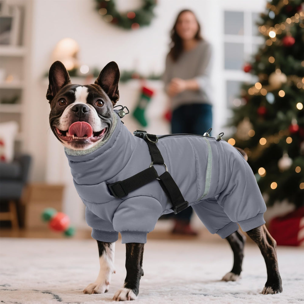BRKURLEG grey dog winter coat back-zip assists easy on/off.
