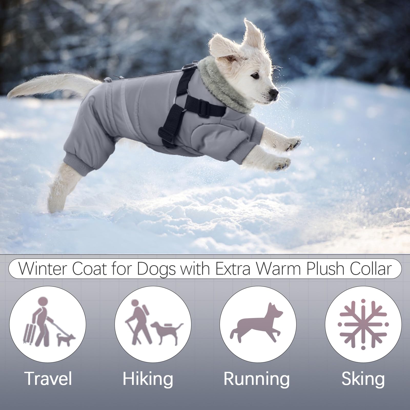 BRKURLEG grey dog winter coat fleece-lining offers cozy warmth.