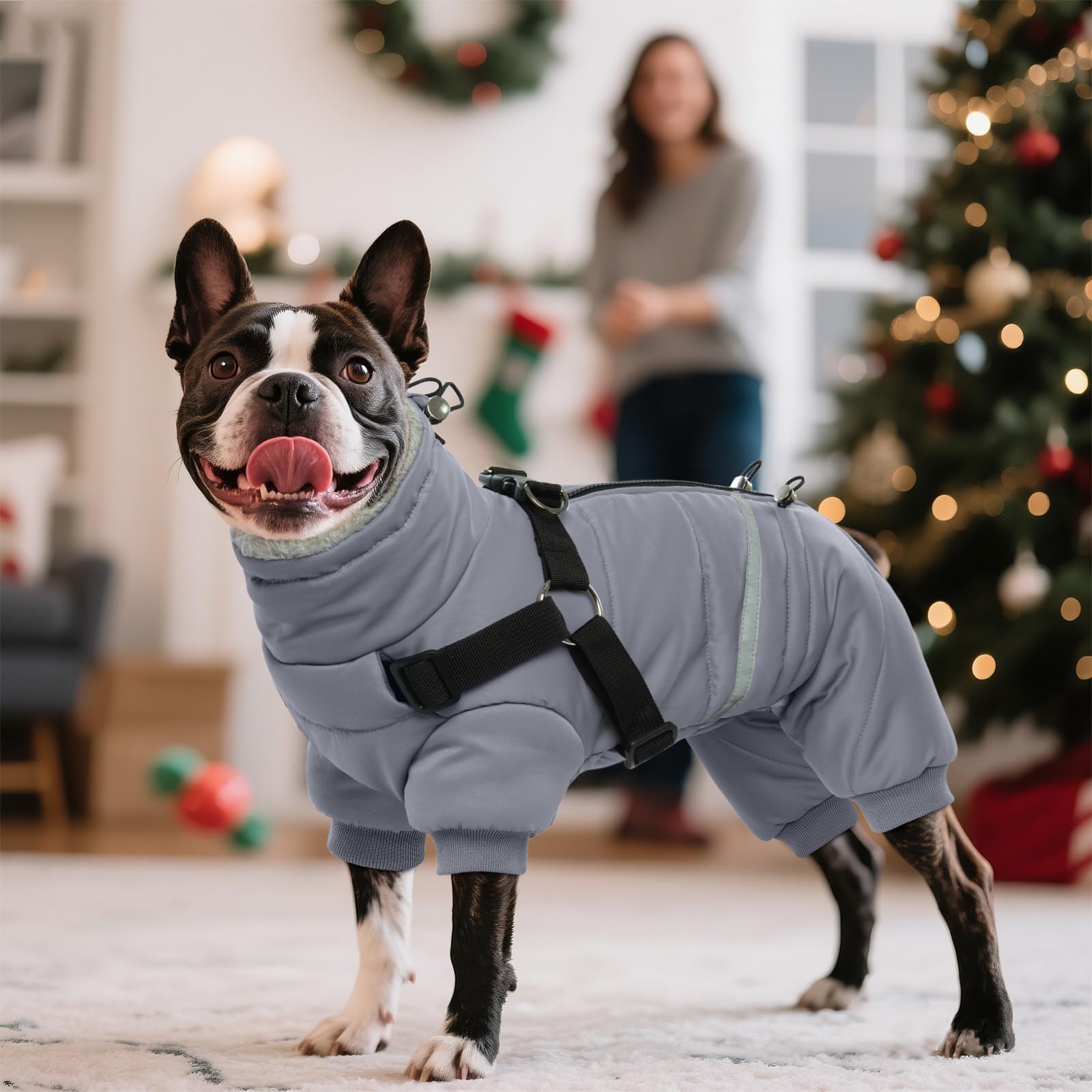 BRKURLEG Grey Dog Winter Coat four-leg puffer design provides lightweight warmth
