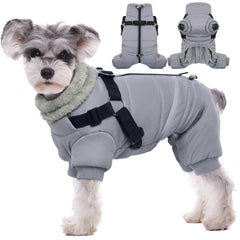 BRKURLEG grey dog winter coat front view shows harness-ready warmth for walks.